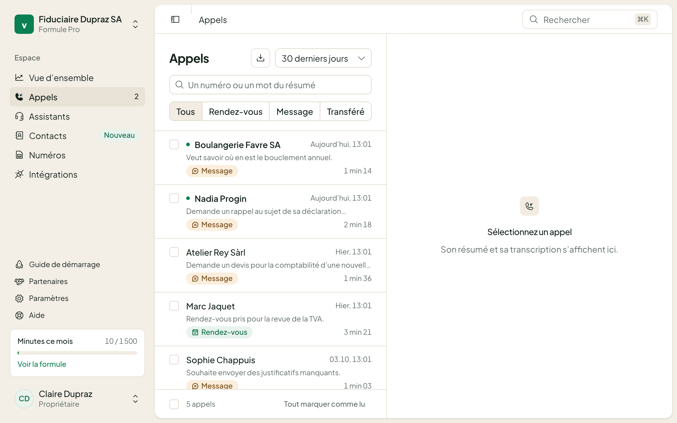 La liste des appels de la console Voko, avec le nom des clients et le résumé de chaque appel.