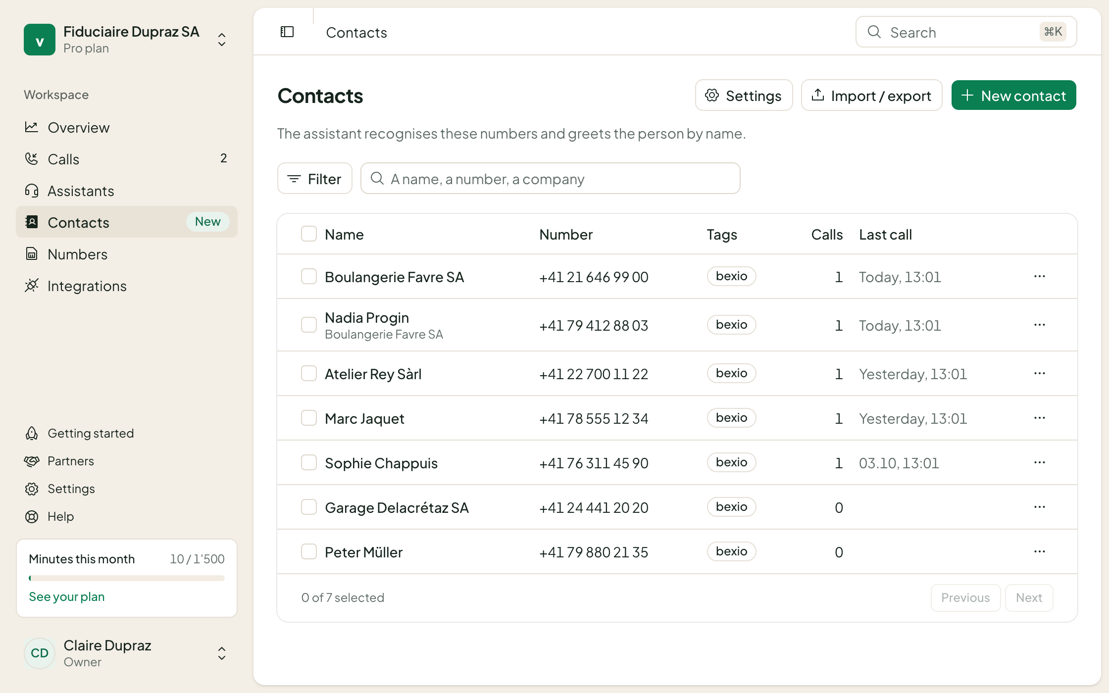 The contact list of the Voko console: seven contacts tagged bexio, with their numbers and last call.