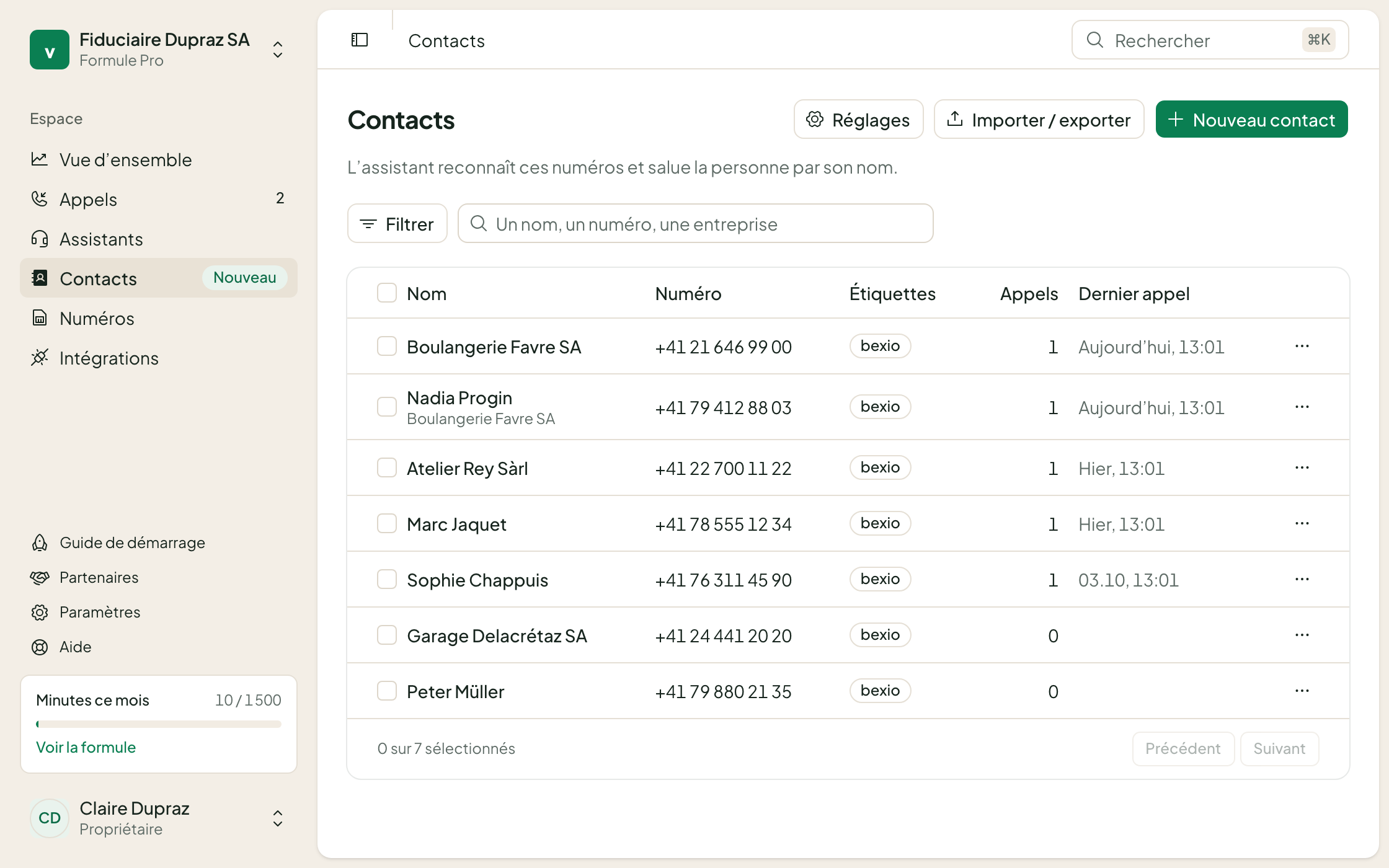 La liste des contacts de la console Voko: sept contacts marqués « bexio », avec leurs numéros et leur dernier appel.