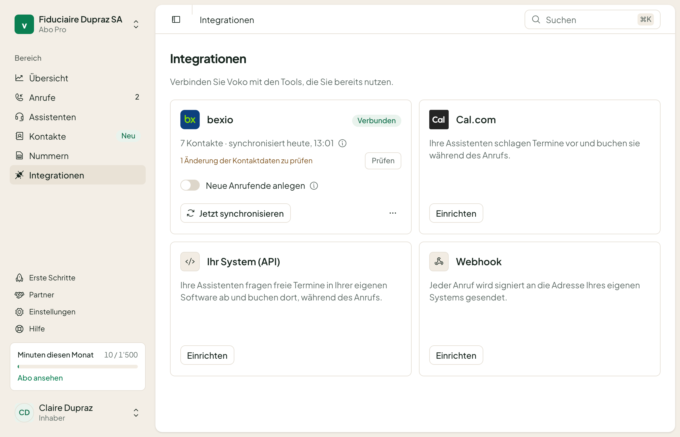 Der Bereich Integrationen der Voko-Konsole: Die bexio-Karte zeigt «Verbunden», 7 synchronisierte Kontakte und eine Änderung der Kontaktdaten zur Prüfung.