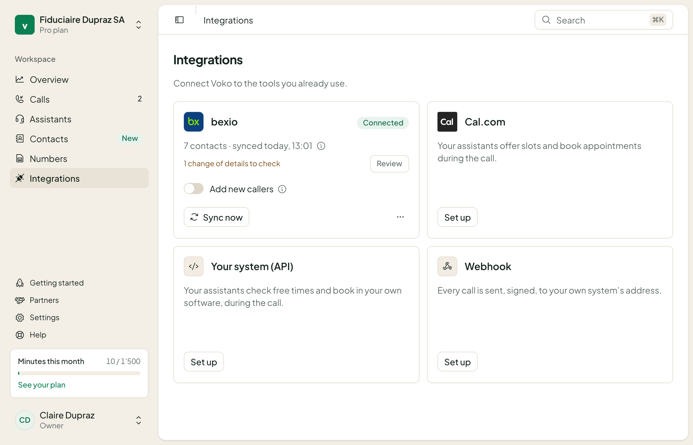 The Integrations section of the Voko console: the bexio card shows Connected, 7 contacts synced and one change of details to review.