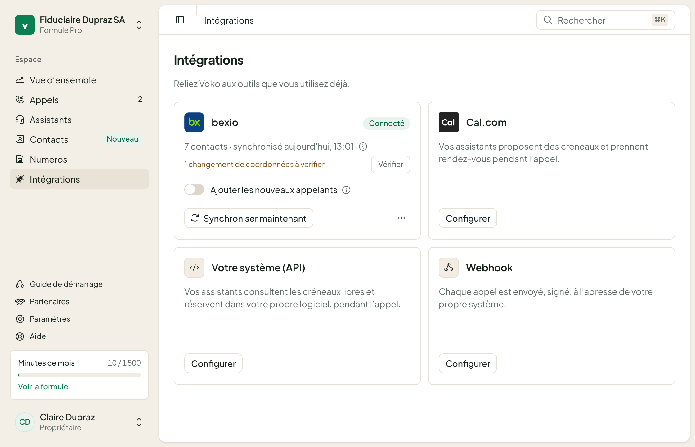 La section Intégrations de la console Voko: la carte bexio indique « Connecté », 7 contacts synchronisés, un changement de coordonnées à vérifier.